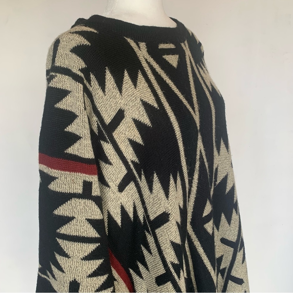 Harlow Poncho Boho Wrap Long Shrug Fringe Armhole Aztec Print Brick Taupe BLK OS - Picture 5 of 15